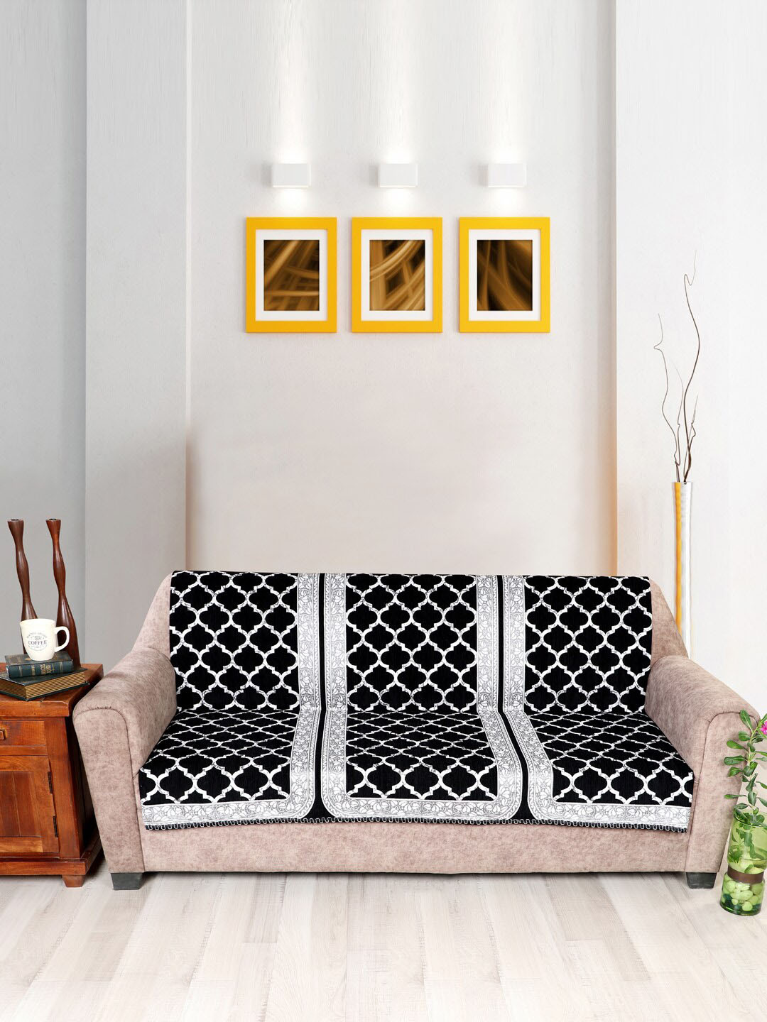 Nendle Damask Black Velvet Self Designed 3 Seater Sofa Covers