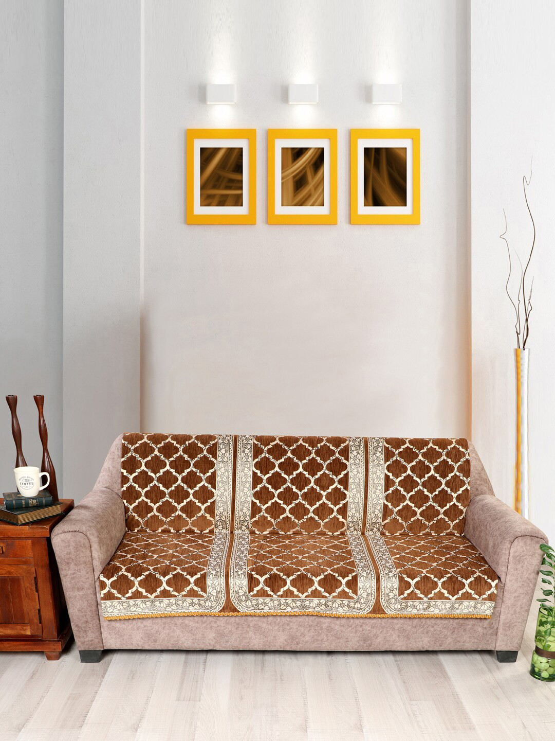 Nendle Damask Brown Velvet Self Designed 3 Seater Sofa Cover