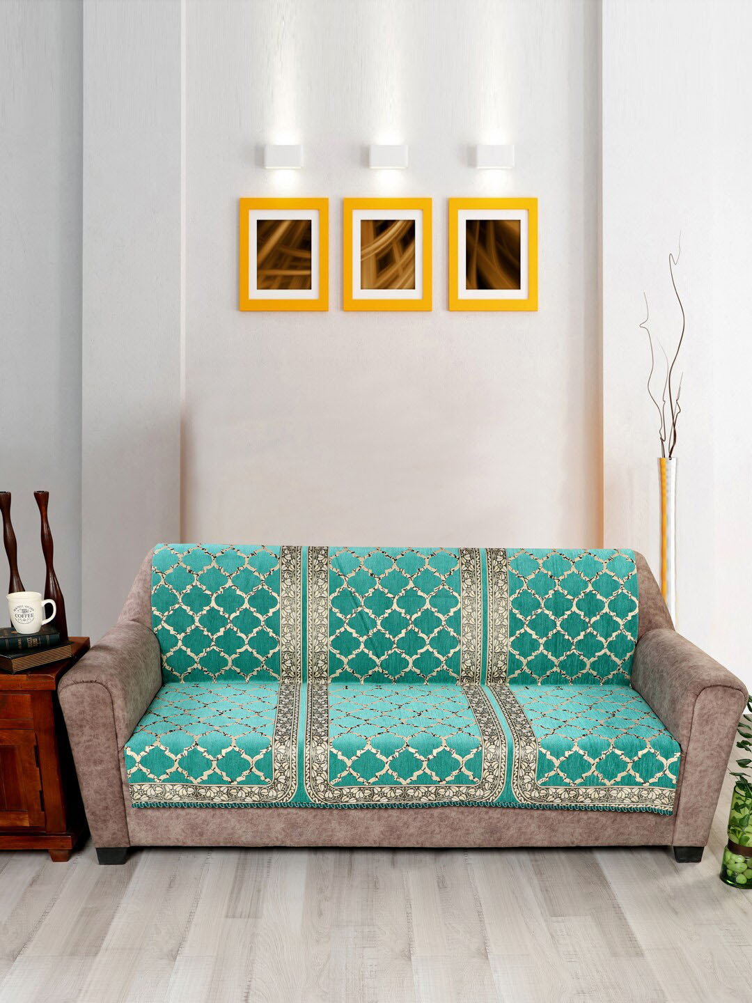 Nendle Damask Sea Green Self Design Velvet 3 Seater Sofa Covers