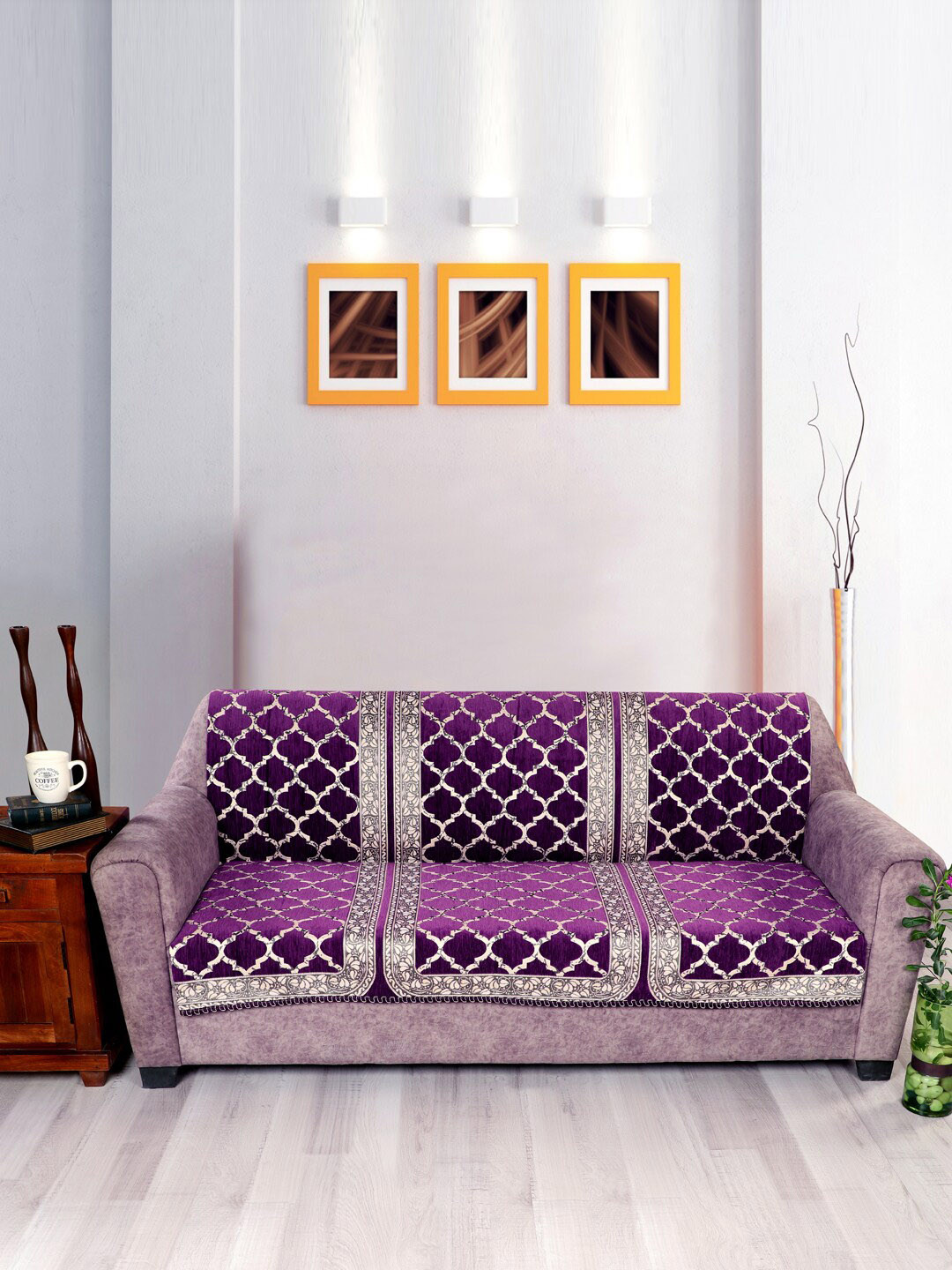 Nendle Purple Self-Design 3 Seater Velvet Sofa Cover