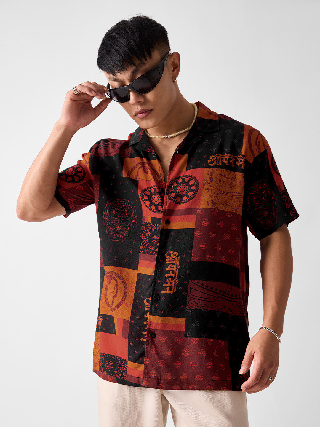 The Souled Store Black & Orange Relaxed Graphic Iron Man Printed Knitted Casual Shirt
