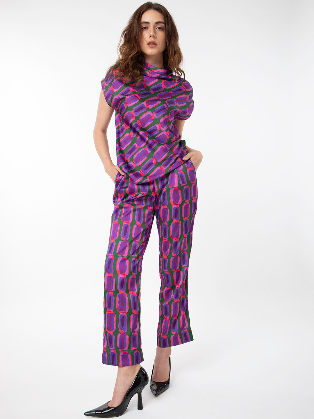 RAREISM Geo Abstract Print Satin Slim Fit Trousers