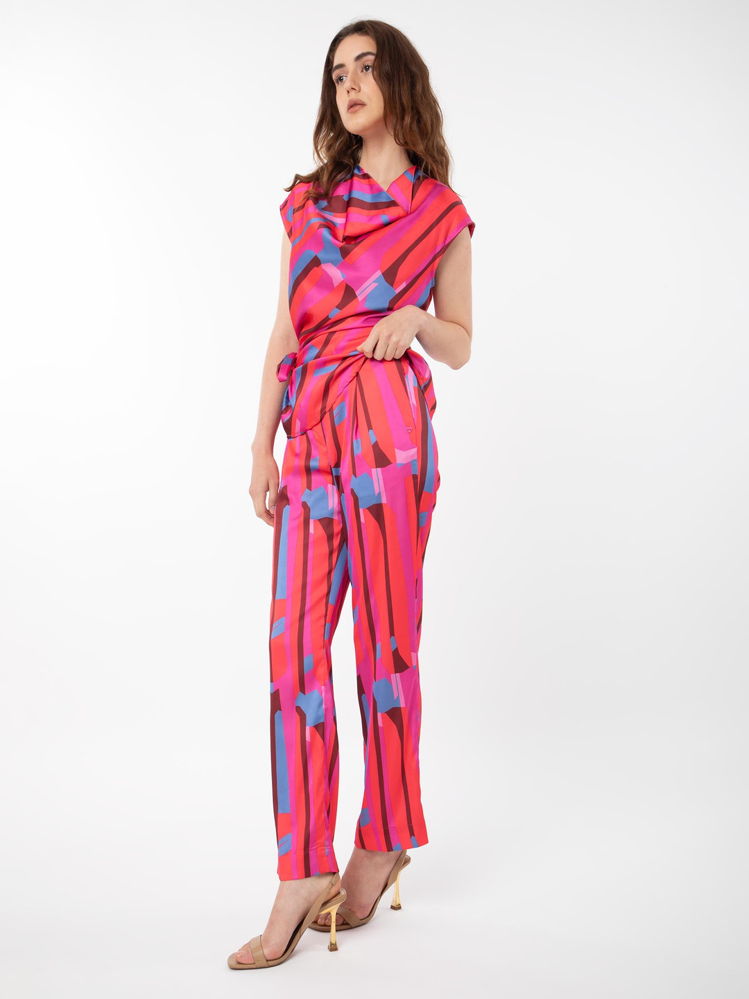 RAREISM Printed Satin Pleated Slim Fit Trousers