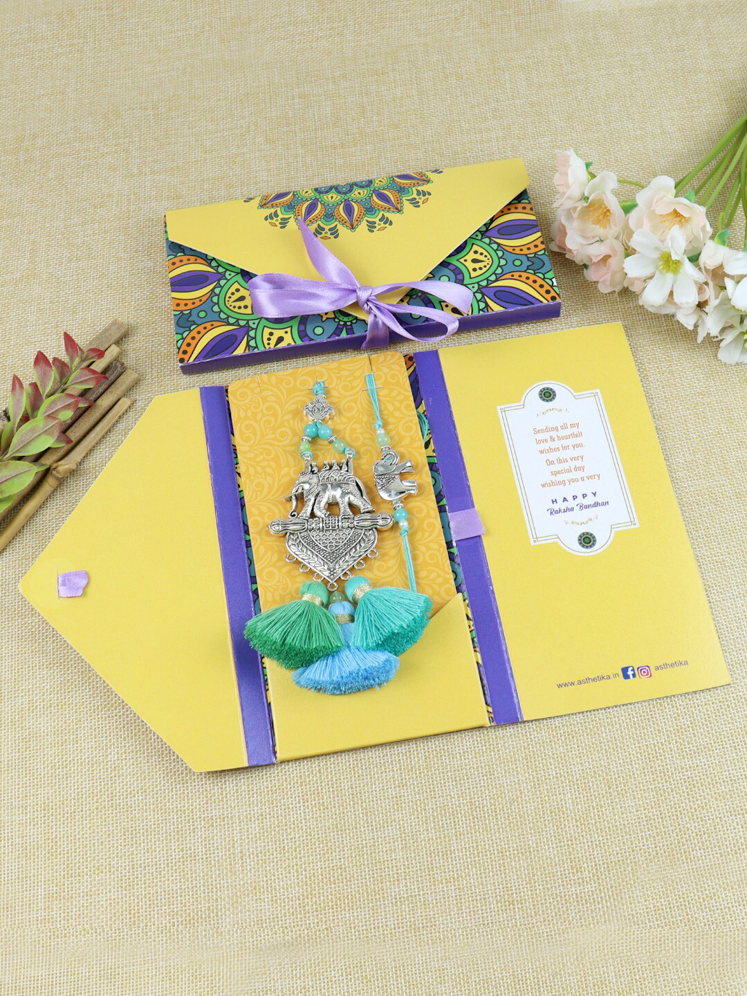 Asthetika Unisex Set Of 2 Elephant Charm-Studded Rakhi & Lumba In A Envelope