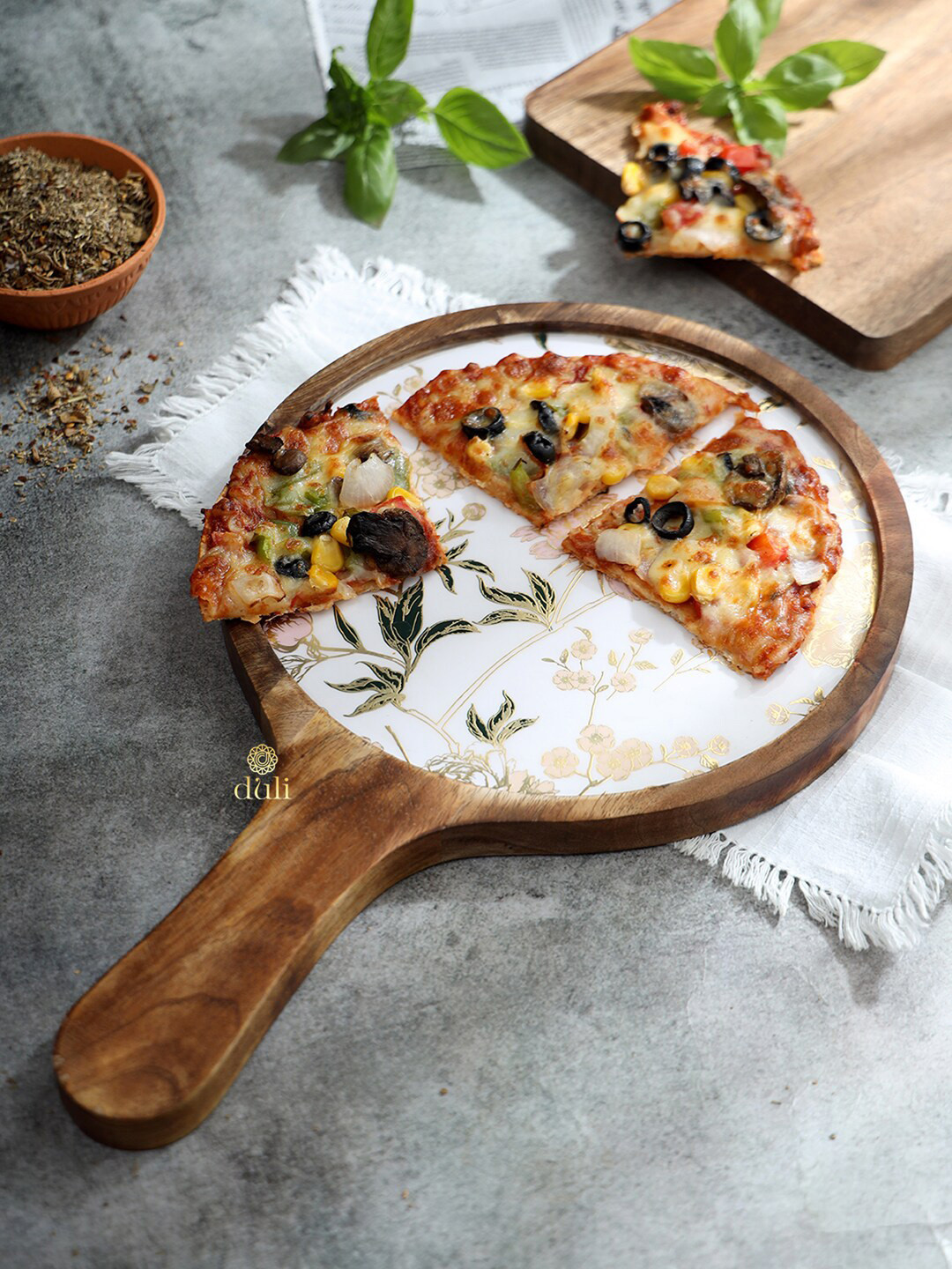 DULI Brown Mango Wood Enamel Floral Coated Tray Platter