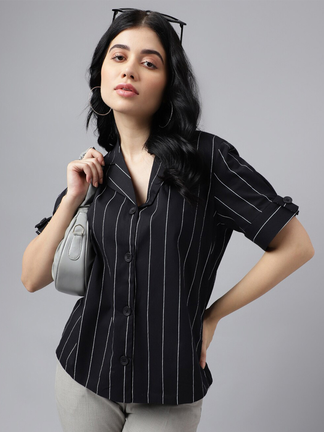 Hancock Relaxed Fit Vertical Striped Cuffed Sleeves Cotton Formal Shirt