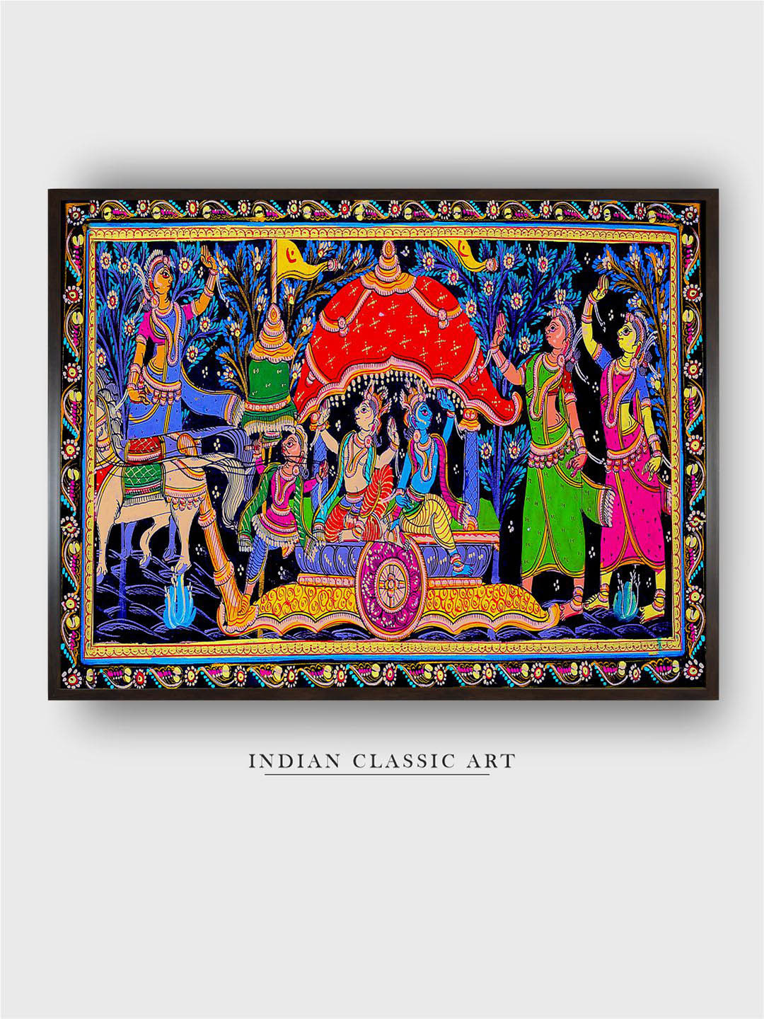 INDIAN CLASSIC ART Blue & Black Madhubani Printed Framed Canvas Wall Art