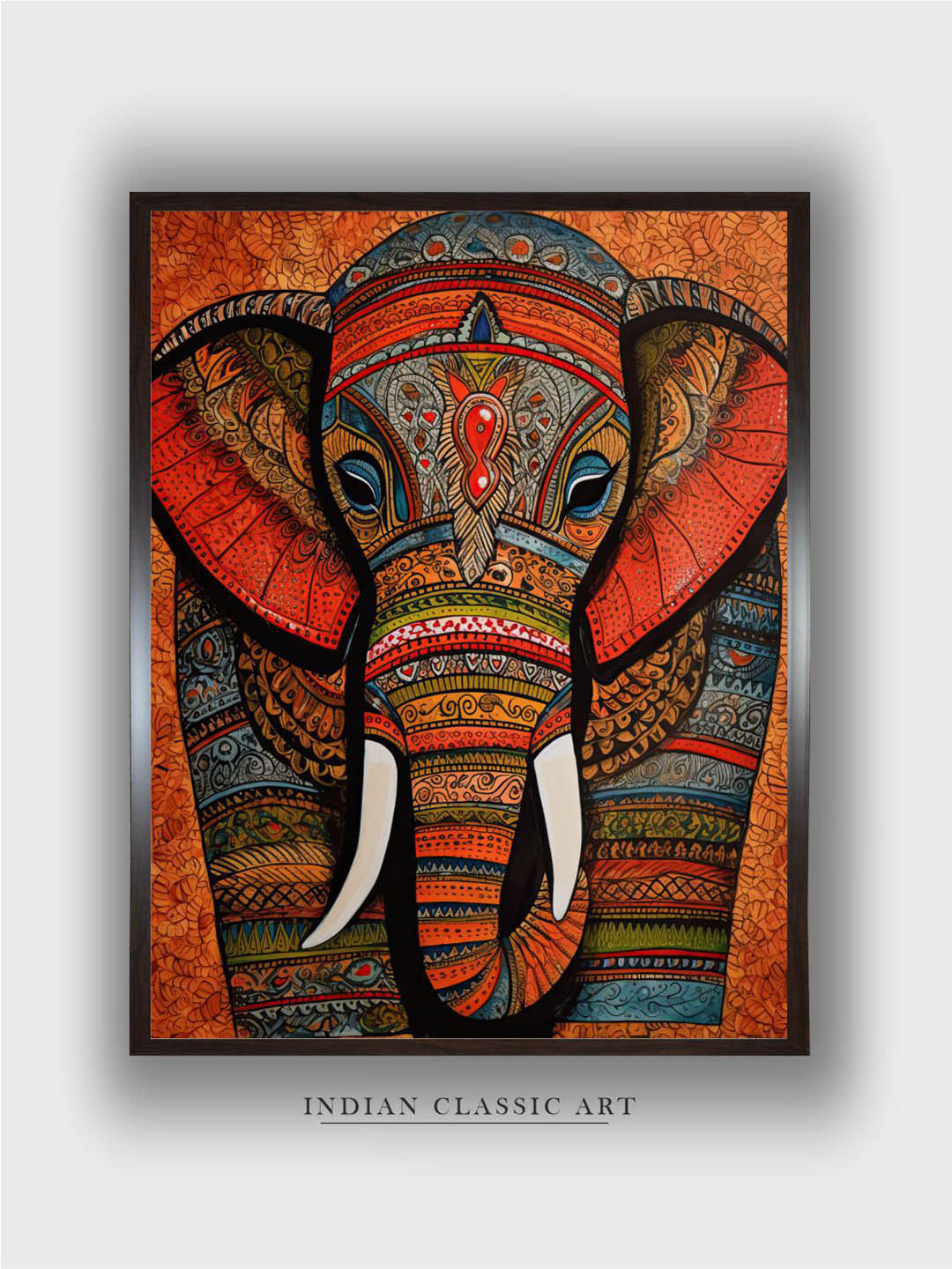 INDIAN CLASSIC ART Orange Colored & Black Majestic Printed Framed Wall Art
