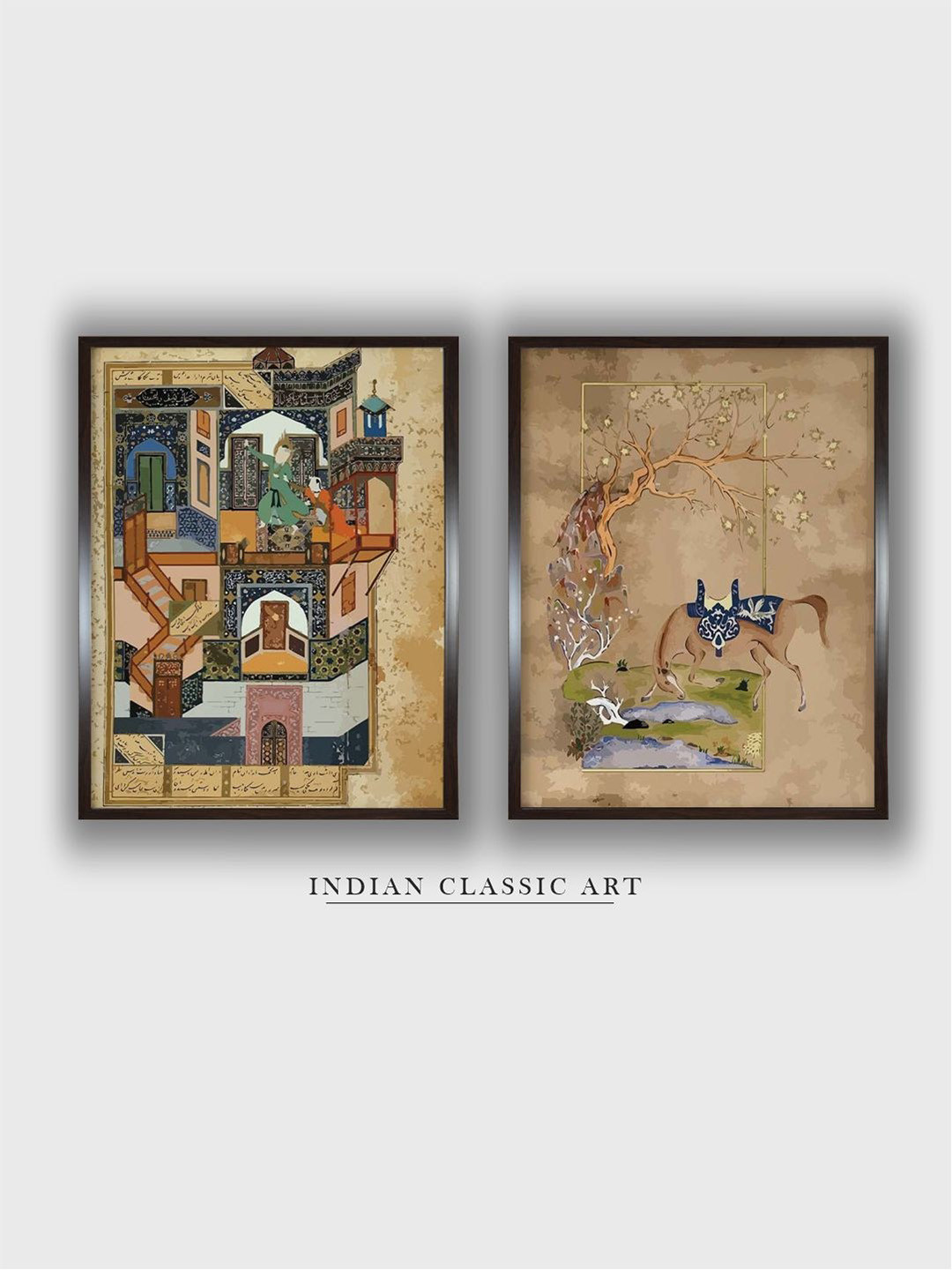INDIAN CLASSIC ART Set Of 2 Brown Vintage Persian Art Painted Framed Wall Art