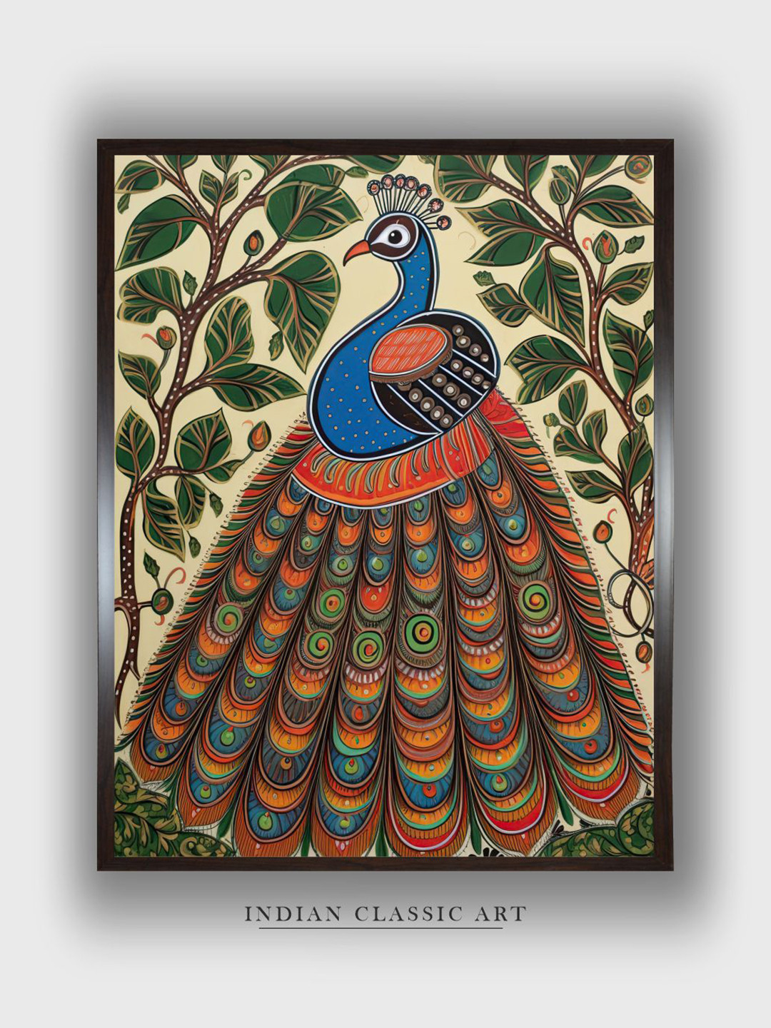 INDIAN CLASSIC ART Green & Red Indian Peacock Painting Canvas Wall Art