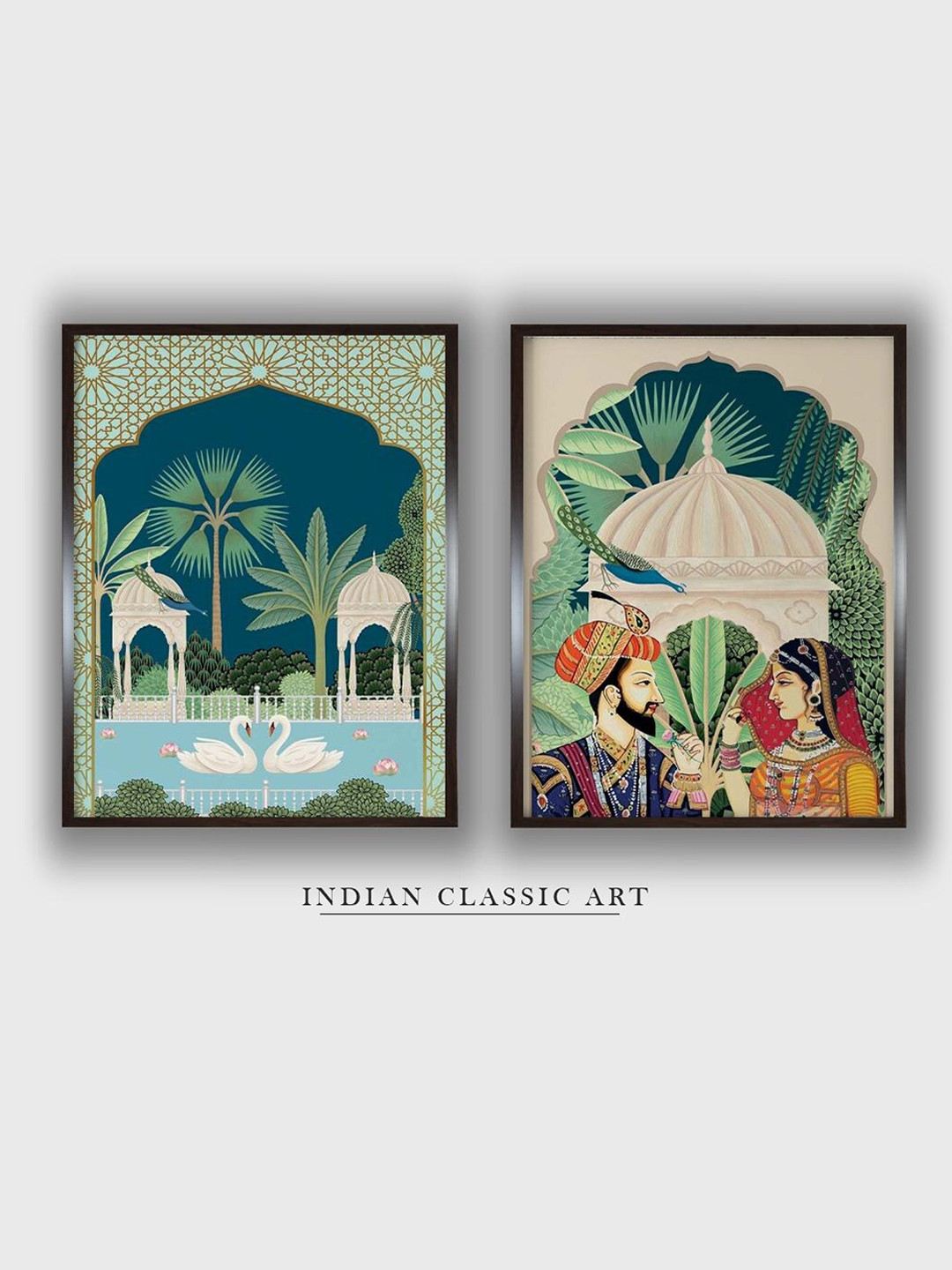 INDIAN CLASSIC ART Green & Brown 2 Pieces Indian Royal Art Painted Framed Wall Art