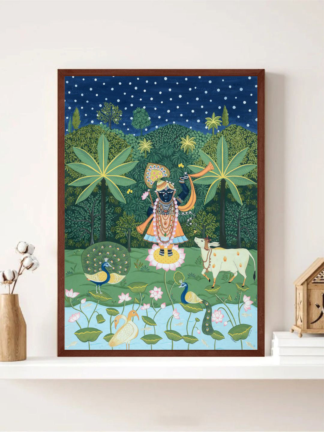 INDIAN CLASSIC ART Green & Blue Pichwai Shrinathji Painting Canvas Wall Art