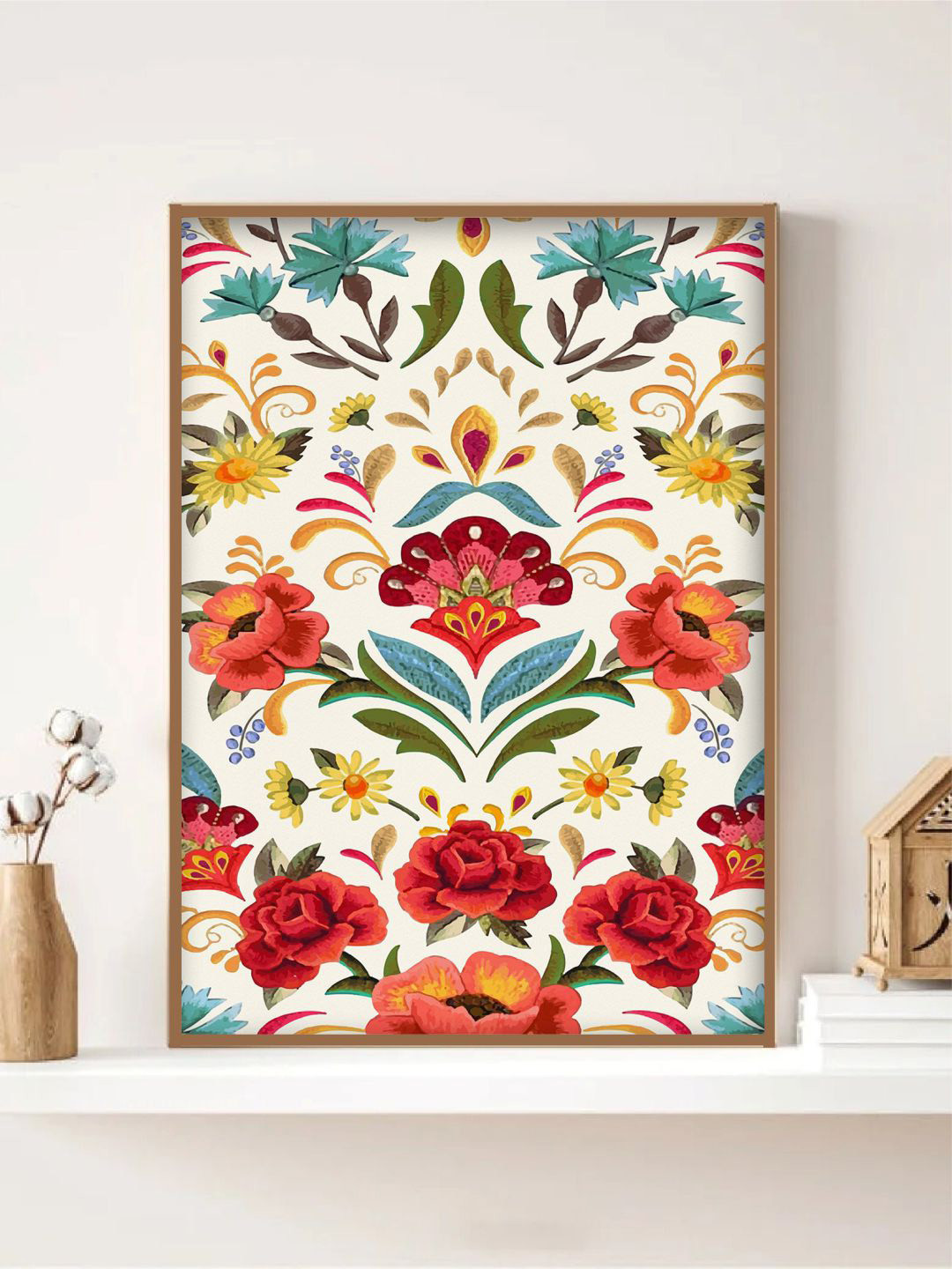 INDIAN CLASSIC ART Cream Colored & Red Indian Folk Art Printed Framed Wall Art