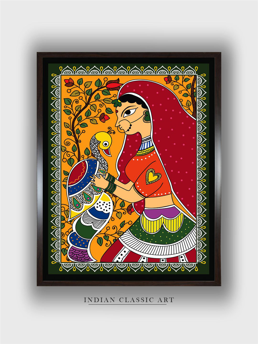 INDIAN CLASSIC ART Red & Yellow Traditional Madhubani Printed Framed Wall Art