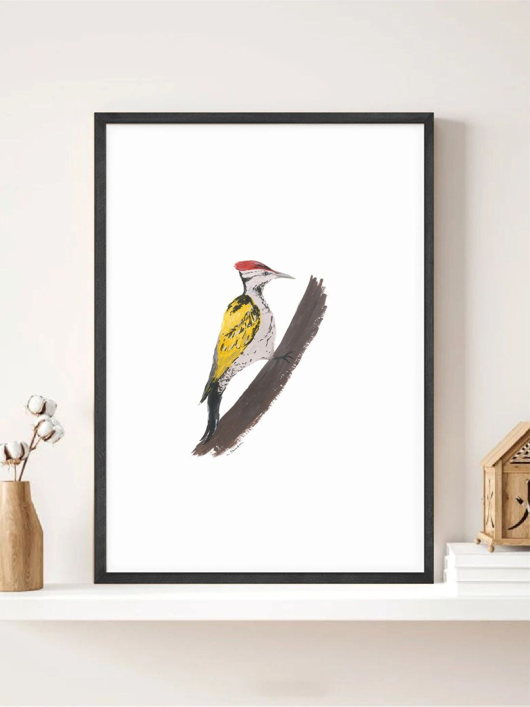 INDIAN CLASSIC ART White & Yellow Woodpecker Bird Printed Wall Art
