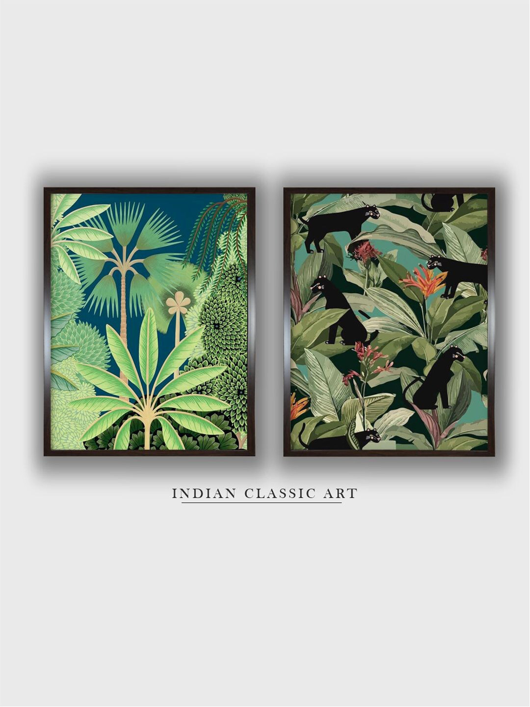 INDIAN CLASSIC ART 2 Pcs Green & Black Tropical Painting Wall Art