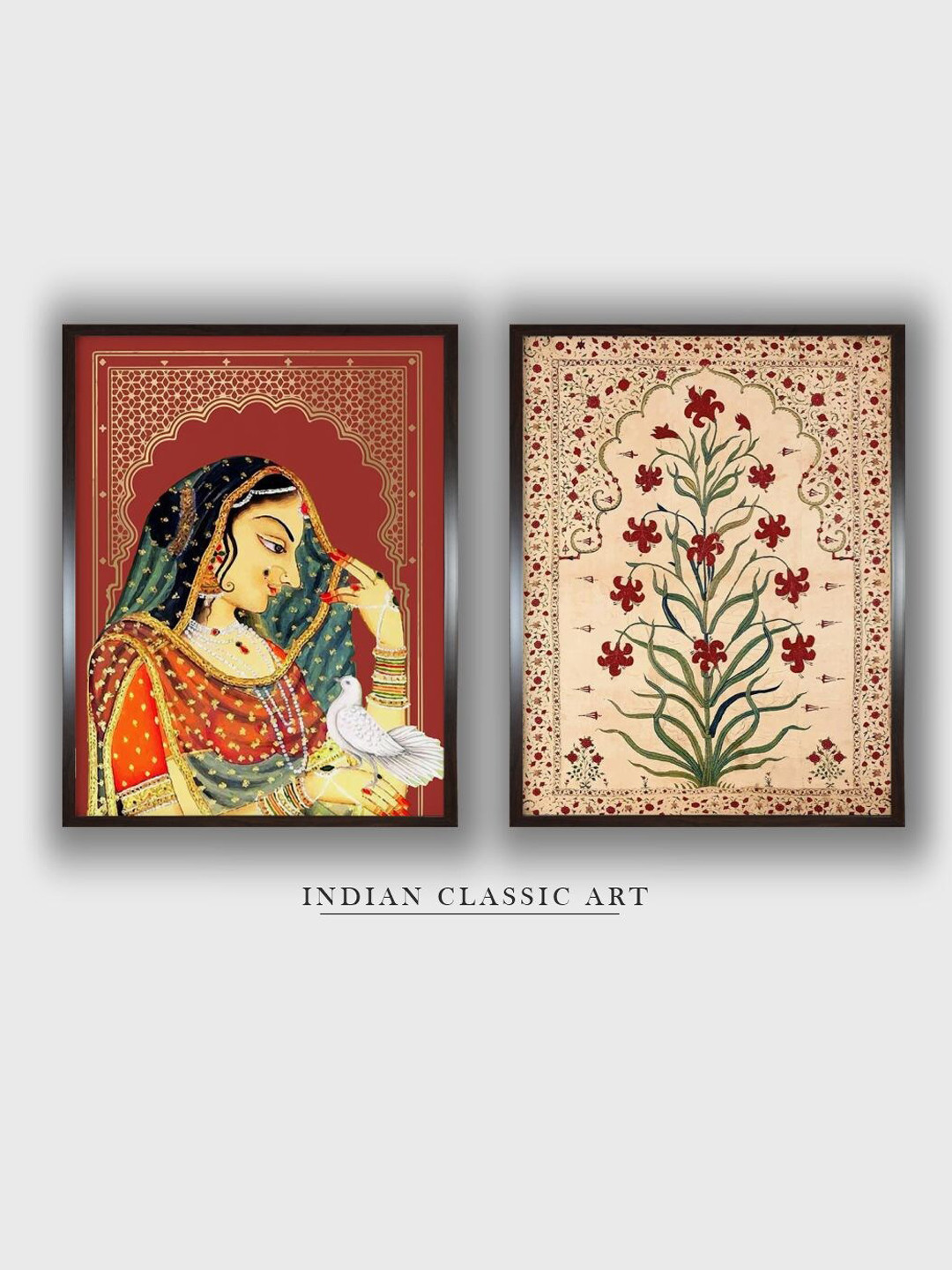 INDIAN CLASSIC ART Brown 2 Pieces Indian Mughal Royal Painting Canvas Wall Art