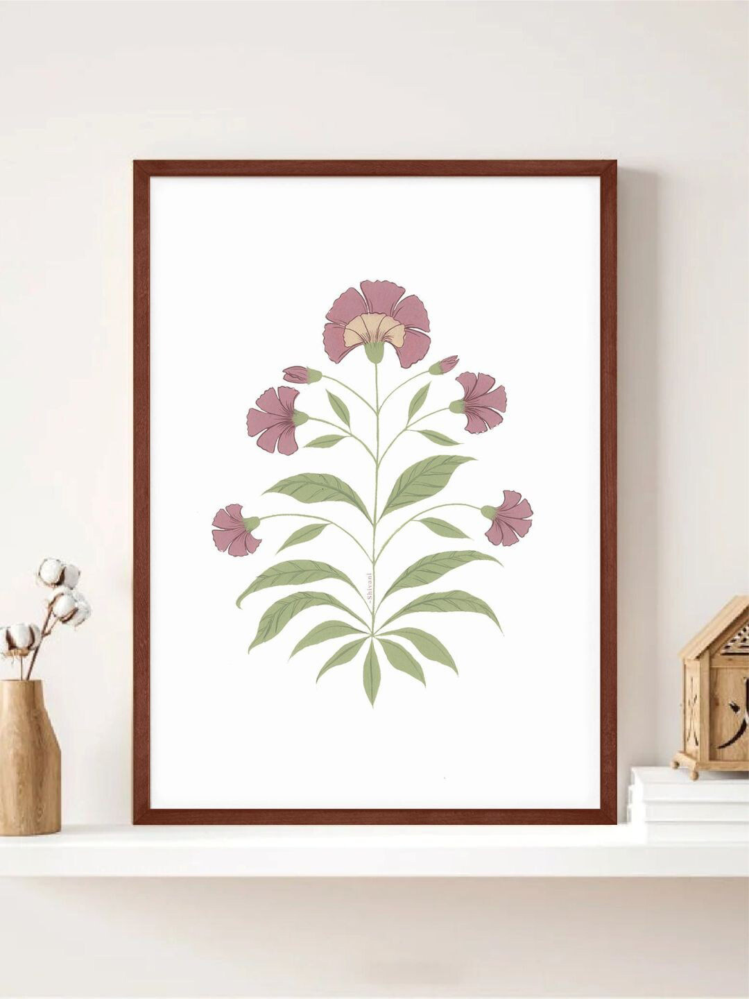 INDIAN CLASSIC ART White & Brown Mughal Style Floral Painting Canvas Wall Art