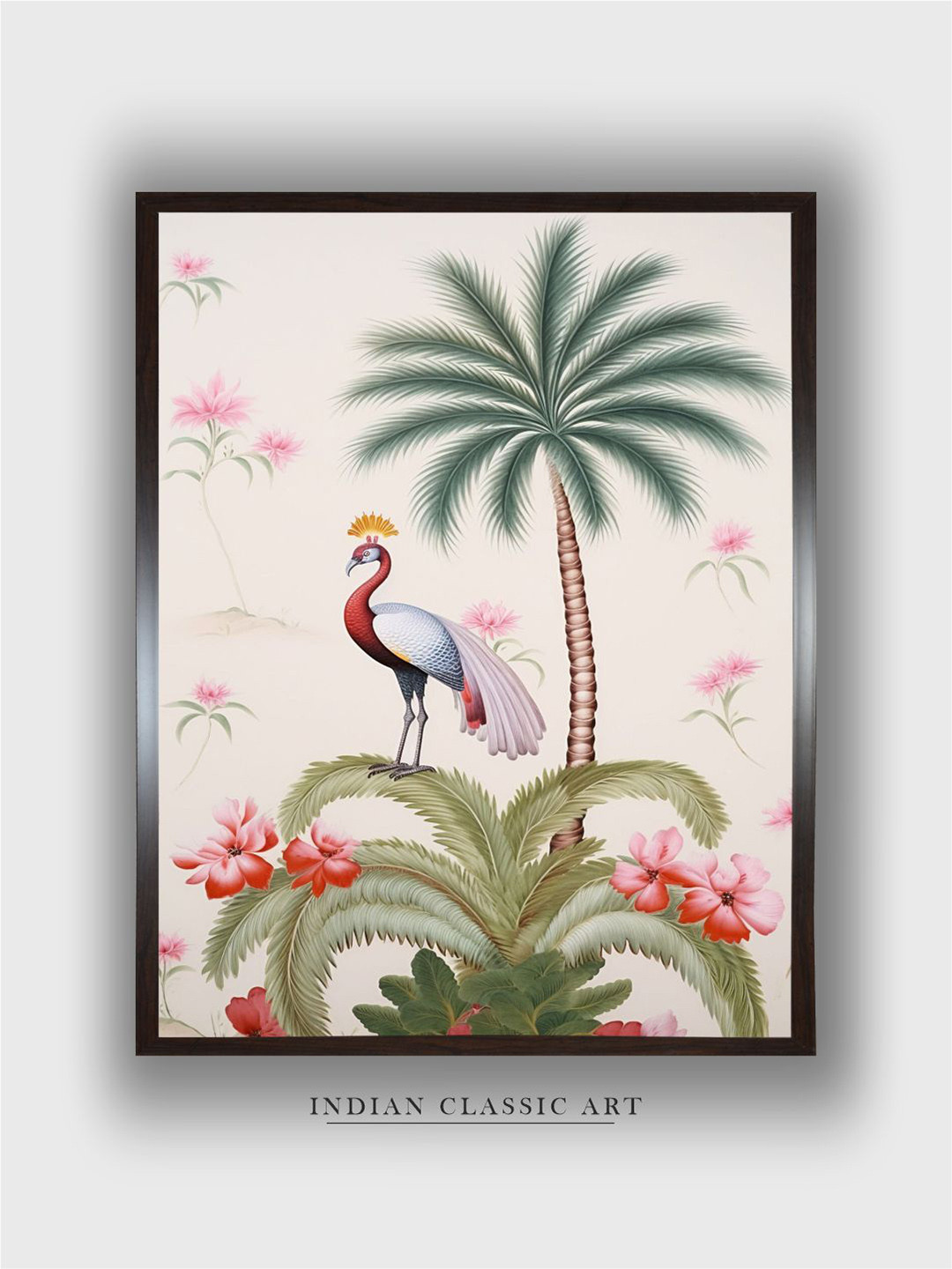 INDIAN CLASSIC ART Beige & Green Peacock Printed Framed Wall Art
