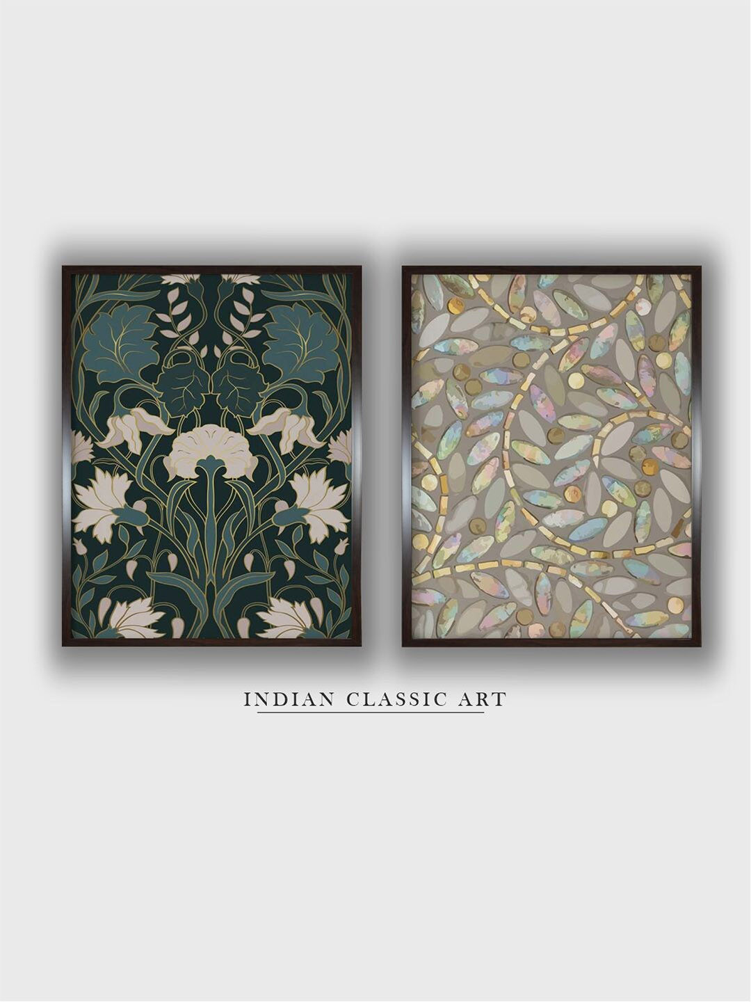 INDIAN CLASSIC ART Green & Beige 2 Pieces Vintage Painted Framed Wall Art