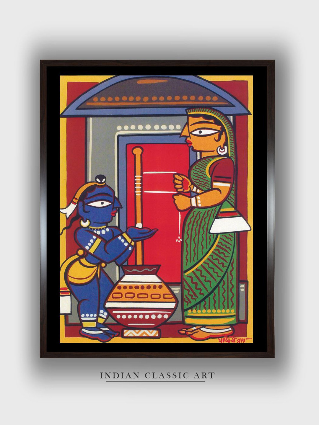 INDIAN CLASSIC ART Red & Green Krishna & Yashoda Kalighat Painting Canvas Wall Art