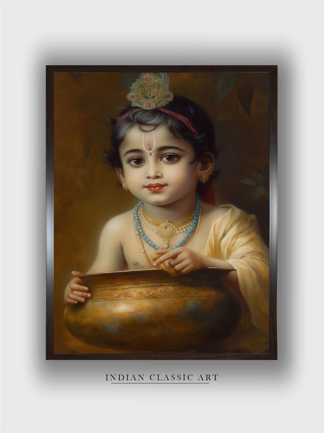 INDIAN CLASSIC ART Brown & Beige Beautiful Art of Lord Krishna Painting Canvas Wall Art