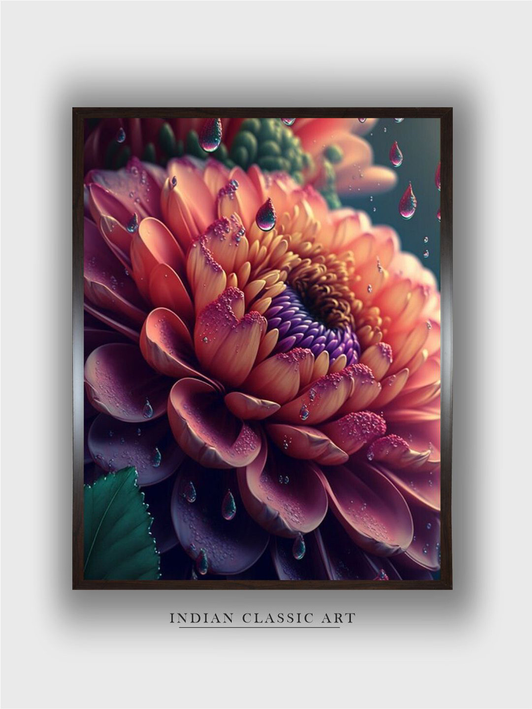 INDIAN CLASSIC ART Peach-Coloured & Purple Garden Flowers Bloom Painting Wall Art