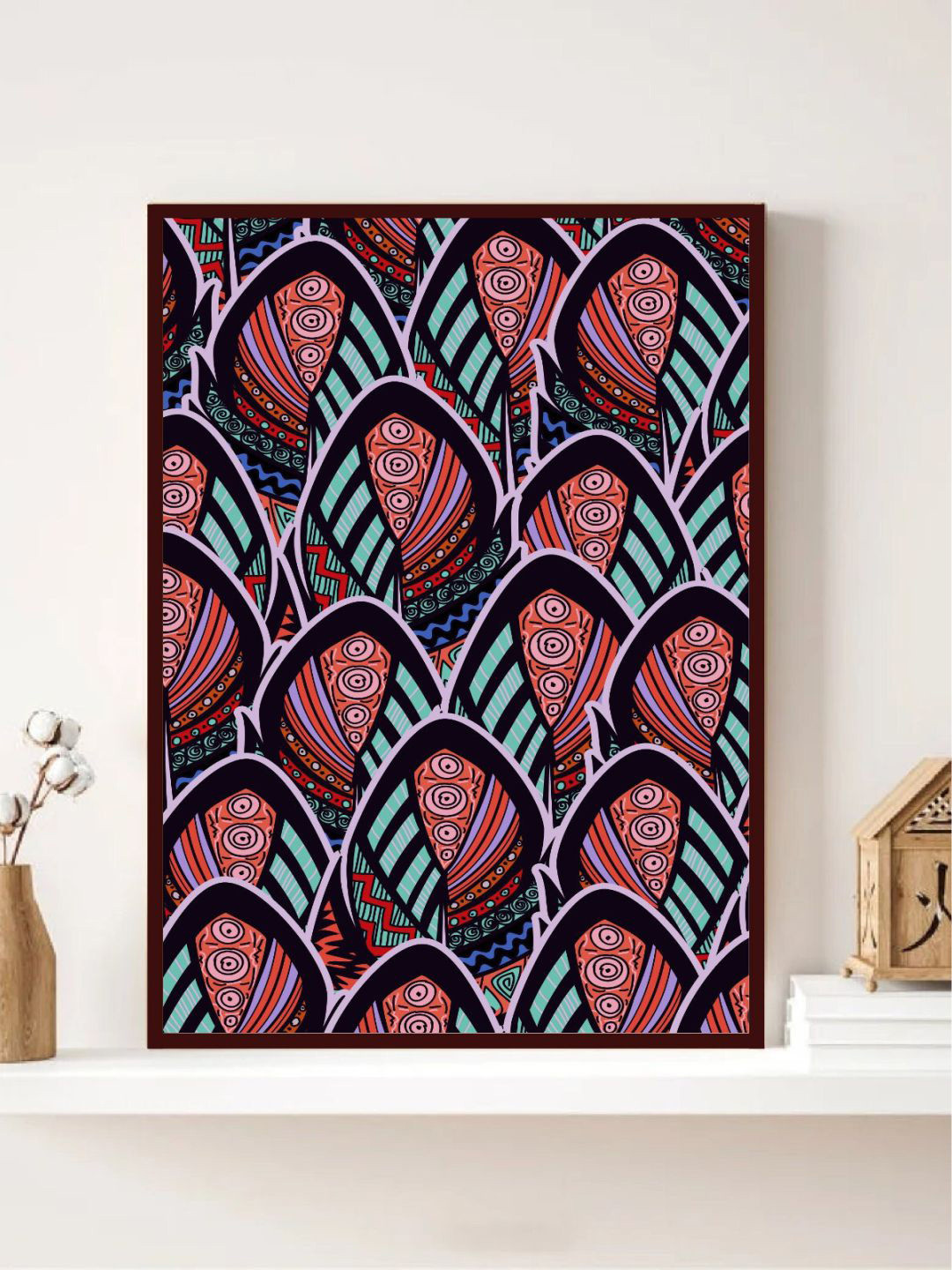 INDIAN CLASSIC ART Red & Green Peacock Floral Painting Framed Wall Art