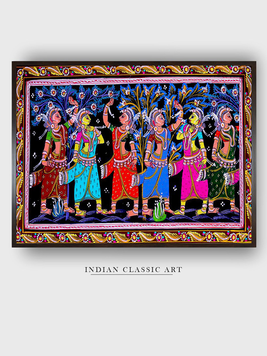 INDIAN CLASSIC ART Blue & Black Madhubani Printed Framed Canvas Wall Art
