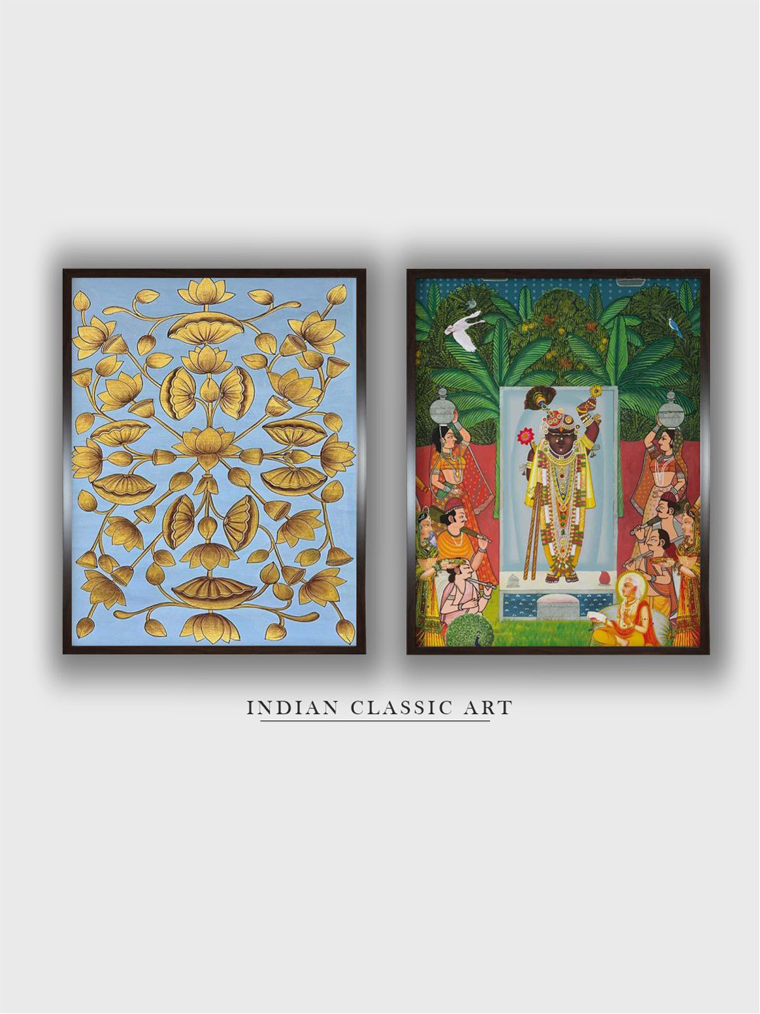 INDIAN CLASSIC ART Blue & Green 2 Pieces Floral & Shreenathji Painted Framed Wall Art