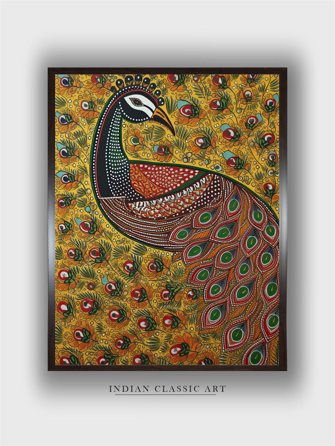 INDIAN CLASSIC ART Yellow & Black Indian Peacock Printed Framed Wall Art