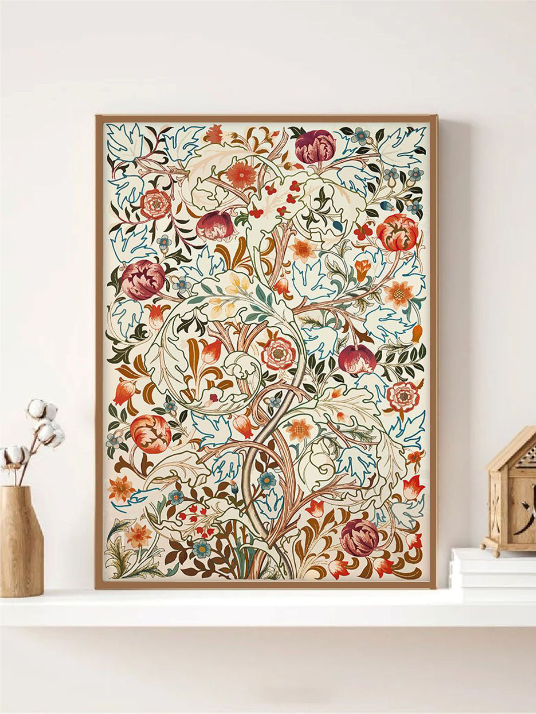 INDIAN CLASSIC ART Beige & Brown Indian Floral Vintage Printed Framed Wall Art