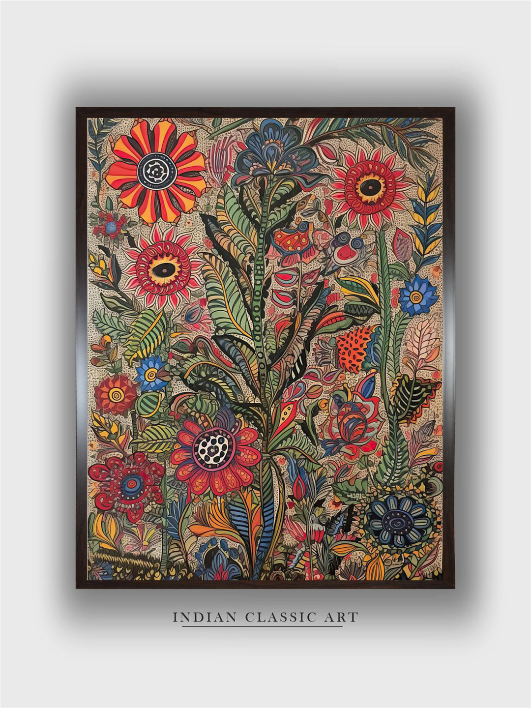 INDIAN CLASSIC ART Pink & Green Madhubani Floral Printed Framed Wall Art