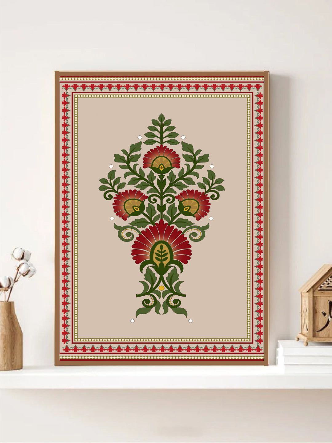 INDIAN CLASSIC ART Beige & Red Indian Folk Art Painted Framed Wall Art