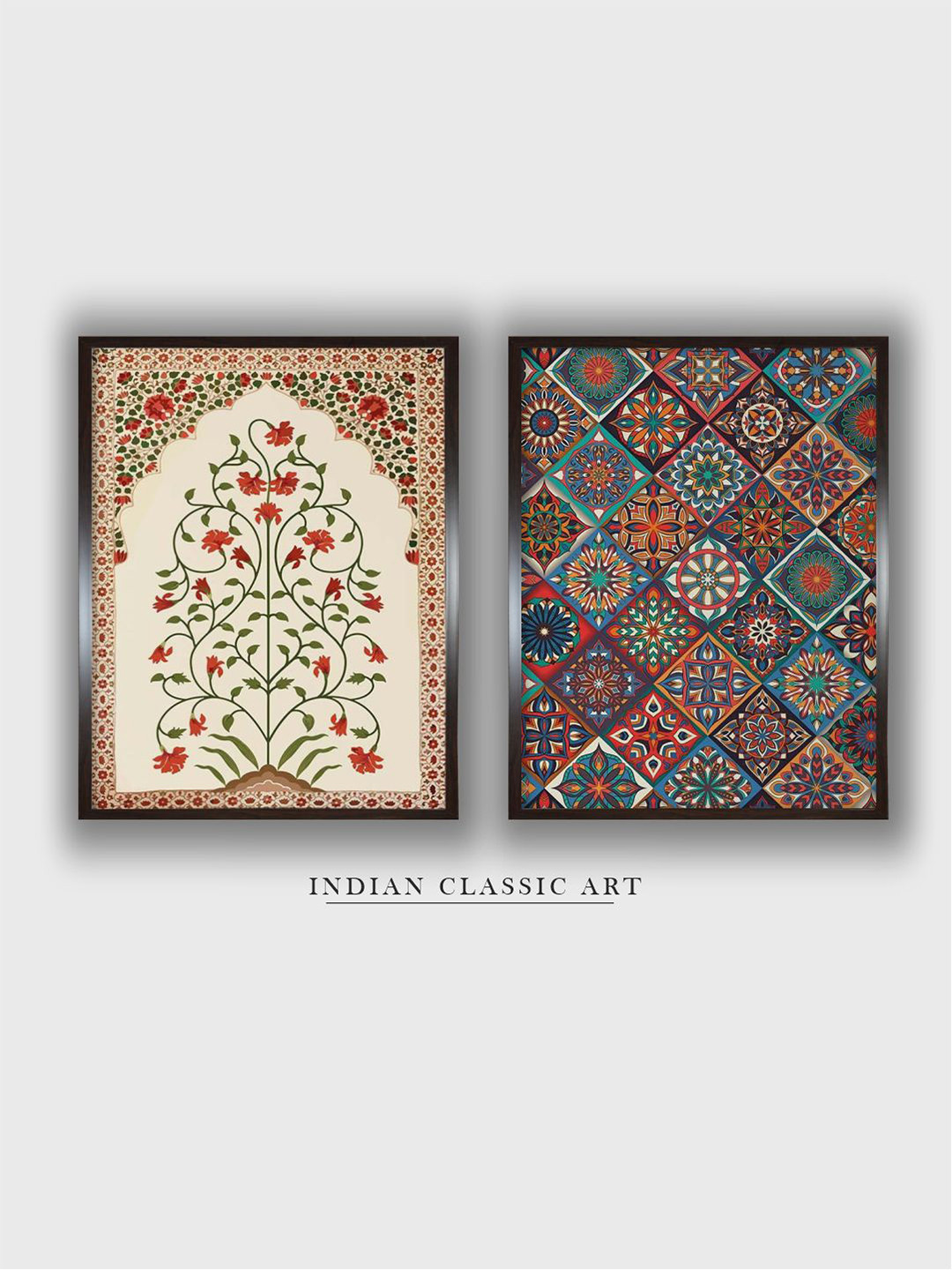 INDIAN CLASSIC ART Beige & Red 2 Pieces Indian Floral Painted Framed Wall Art
