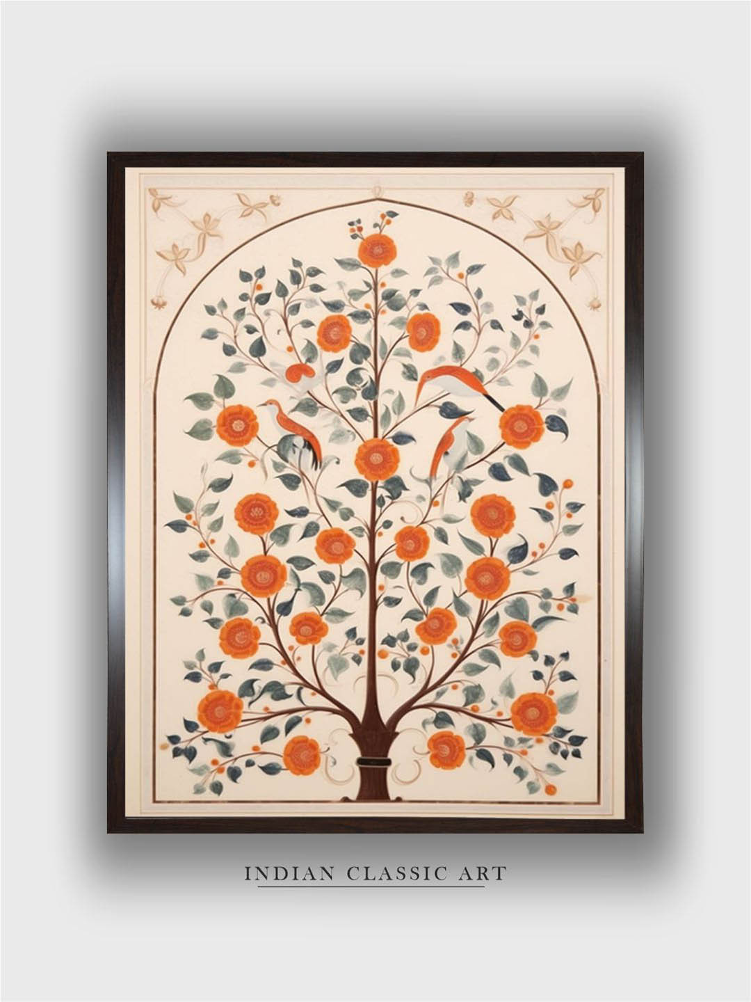 INDIAN CLASSIC ART Beige & Orange Coloured Indian Folk Floral Wall Art