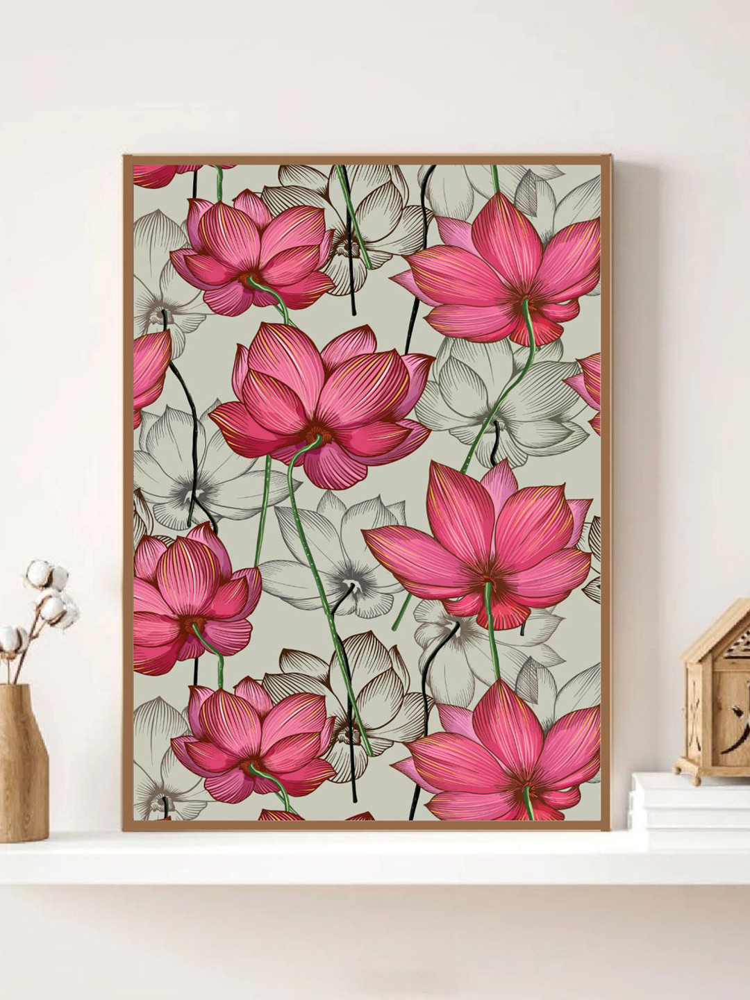 INDIAN CLASSIC ART Pink & Green Lotus Painted Framed Wall Art