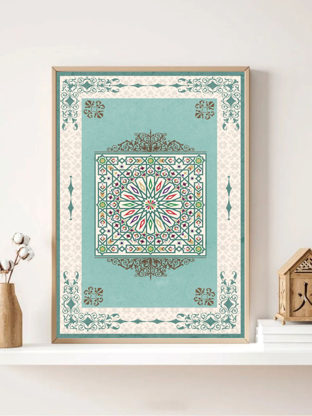 INDIAN CLASSIC ART Sea Green & Beige Indian Folk Art Painting Framed Wall Art