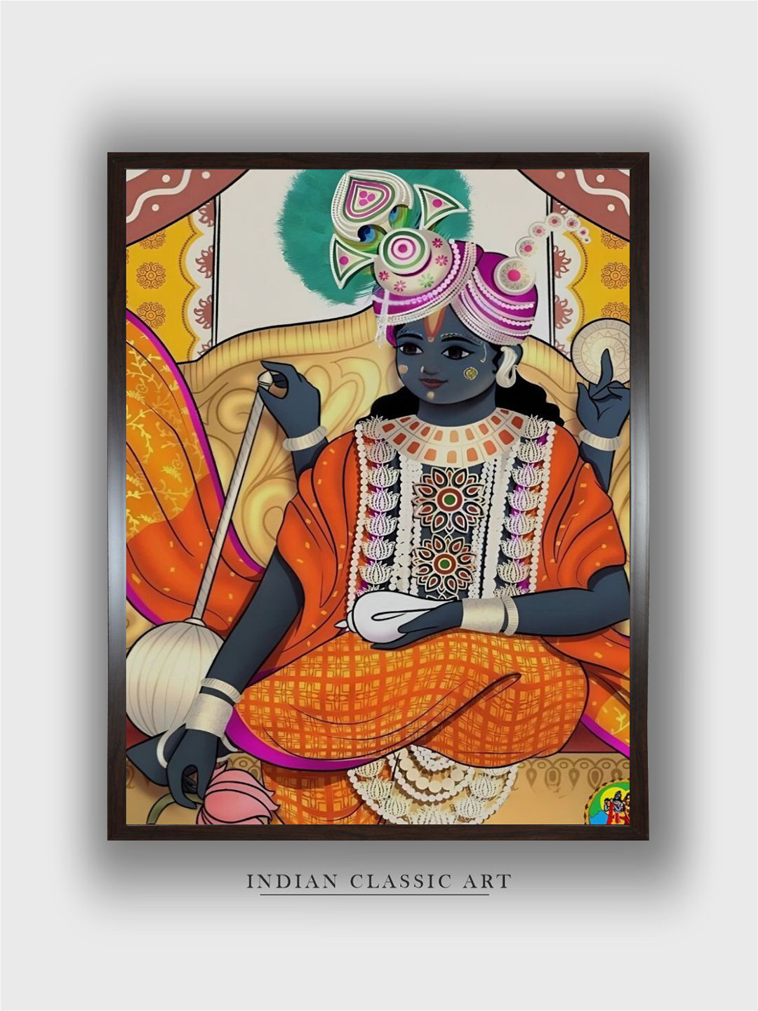INDIAN CLASSIC ART Orange & Grey Krishna Painting Framed Wall Art