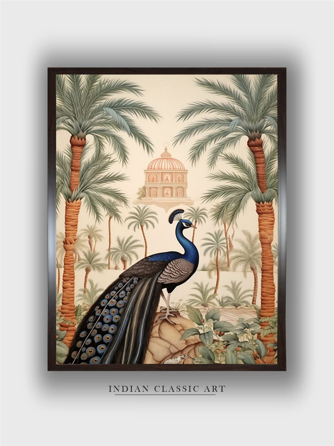 INDIAN CLASSIC ART Green & Beige Peacock Painting Framed Wall Art