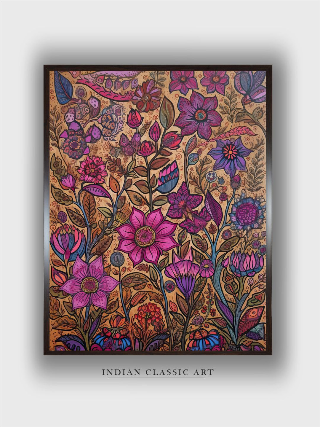 INDIAN CLASSIC ART Pink & Purple Madhubani Art Painting Framed Wall Art