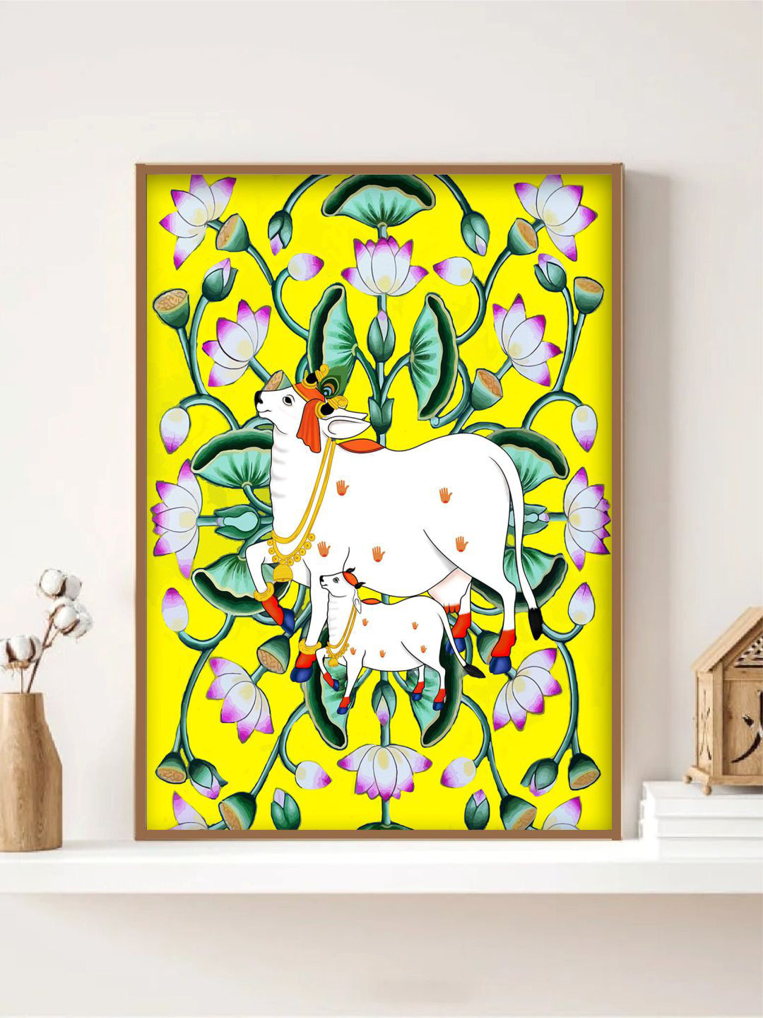 INDIAN CLASSIC ART Yellow & Green Pichwai Painted Framed Wall Art