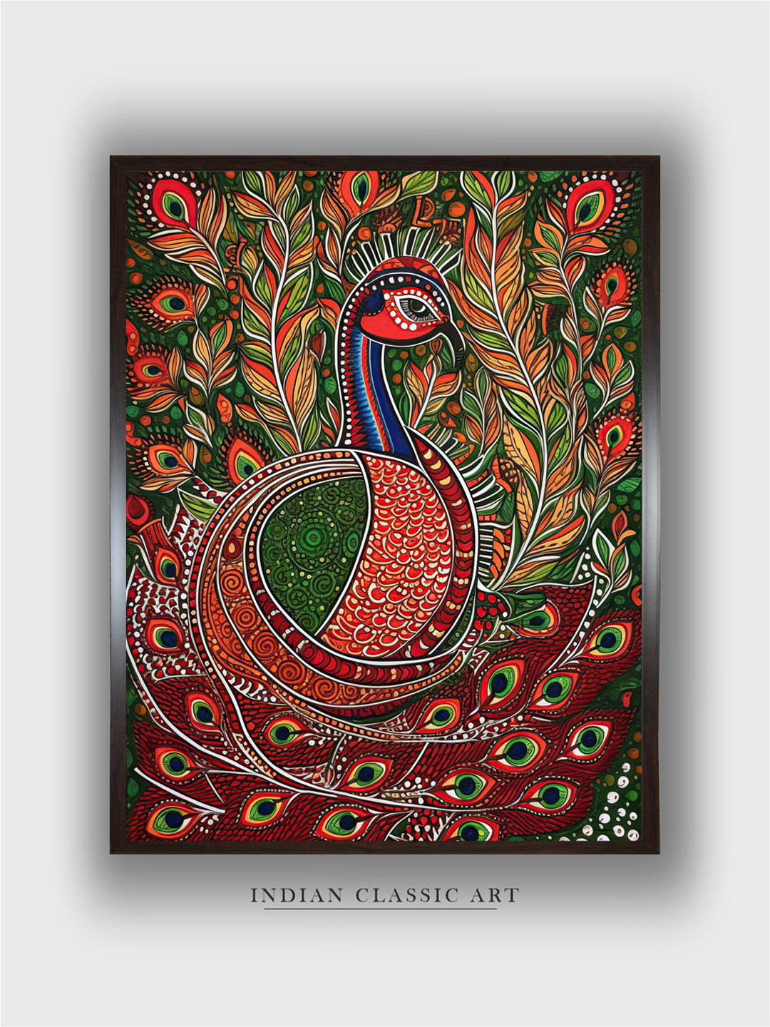 INDIAN CLASSIC ART Green & Red Peacock Painting Framed Wall Art
