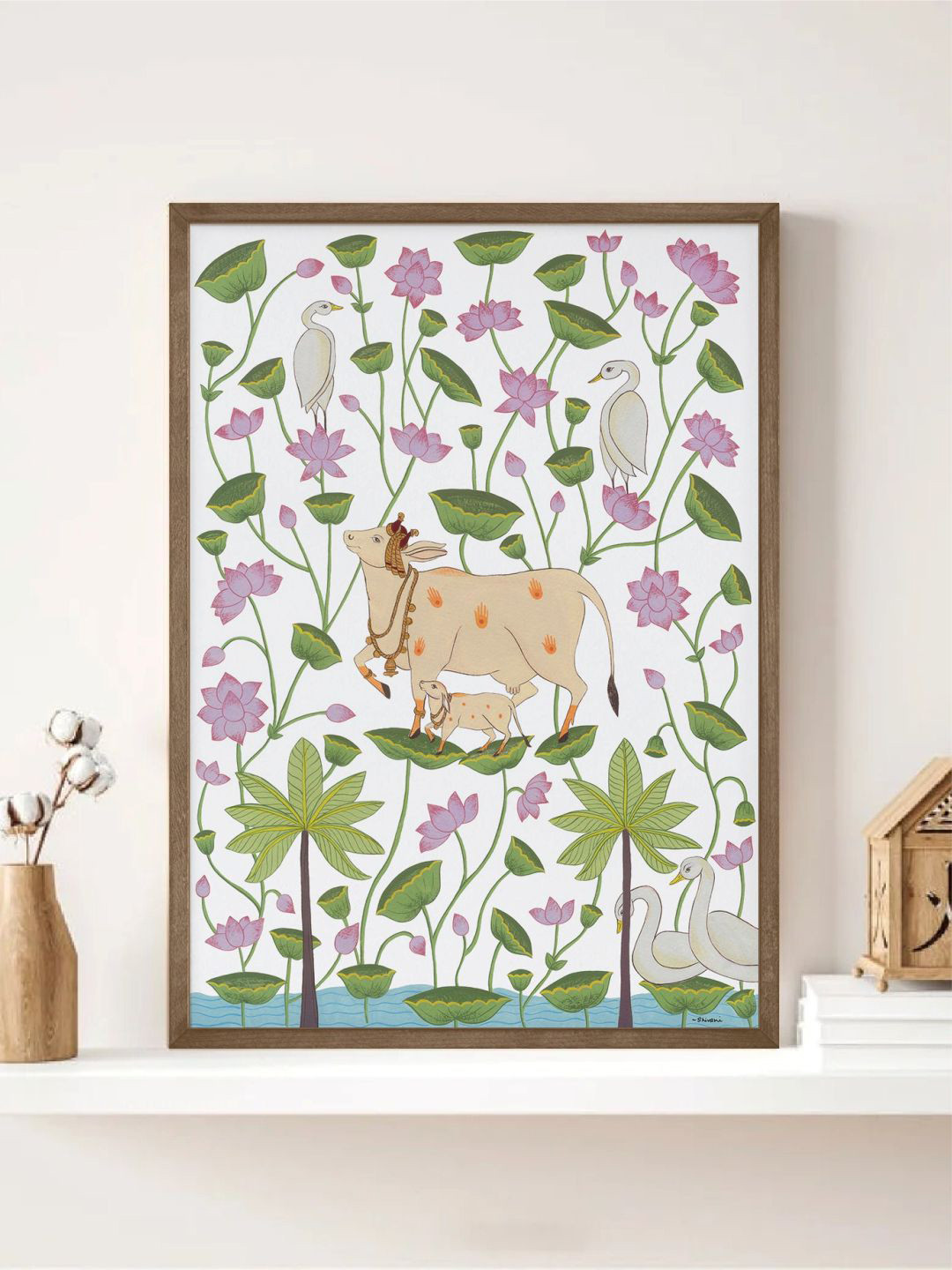 INDIAN CLASSIC ART White & Green Cow & Calf In Lotus Pond Printed Framed Wall Art