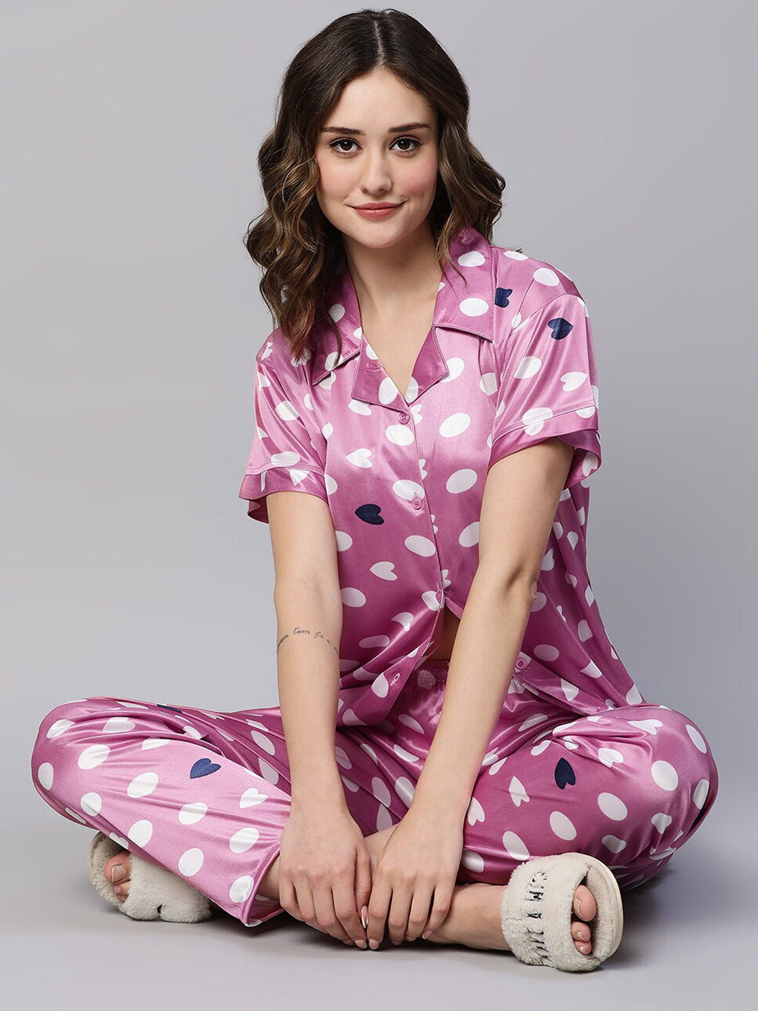AV2 Conversational Printed Satin Night suit