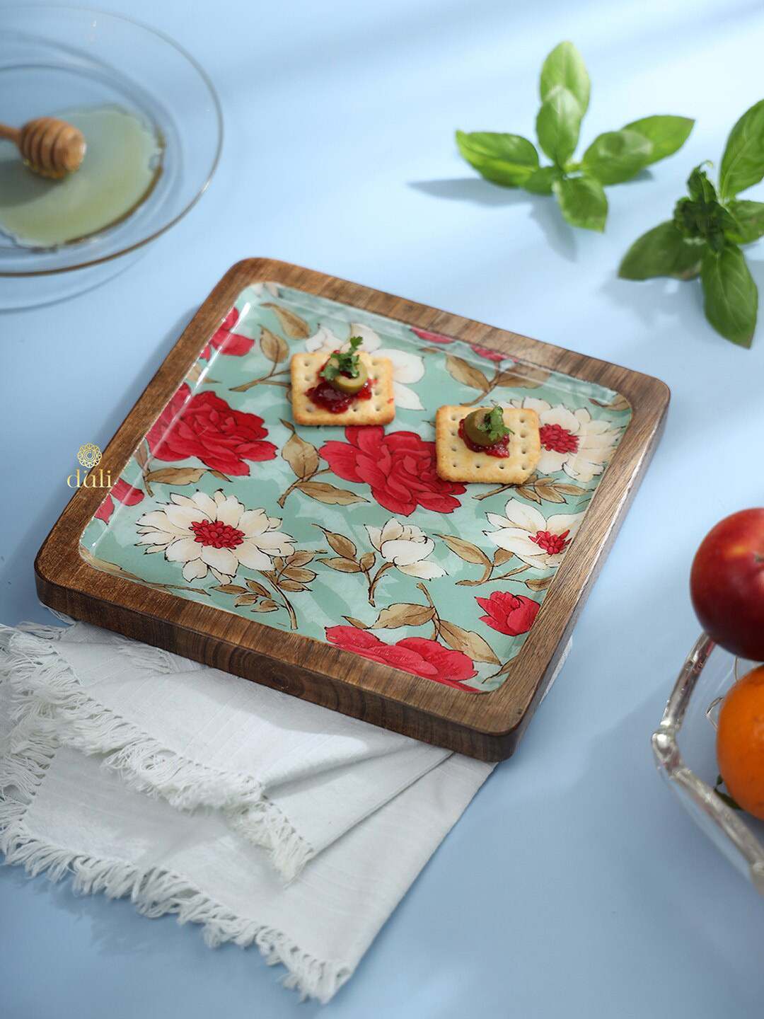 DULI Brown & Blue Floral Printed Serving Tray