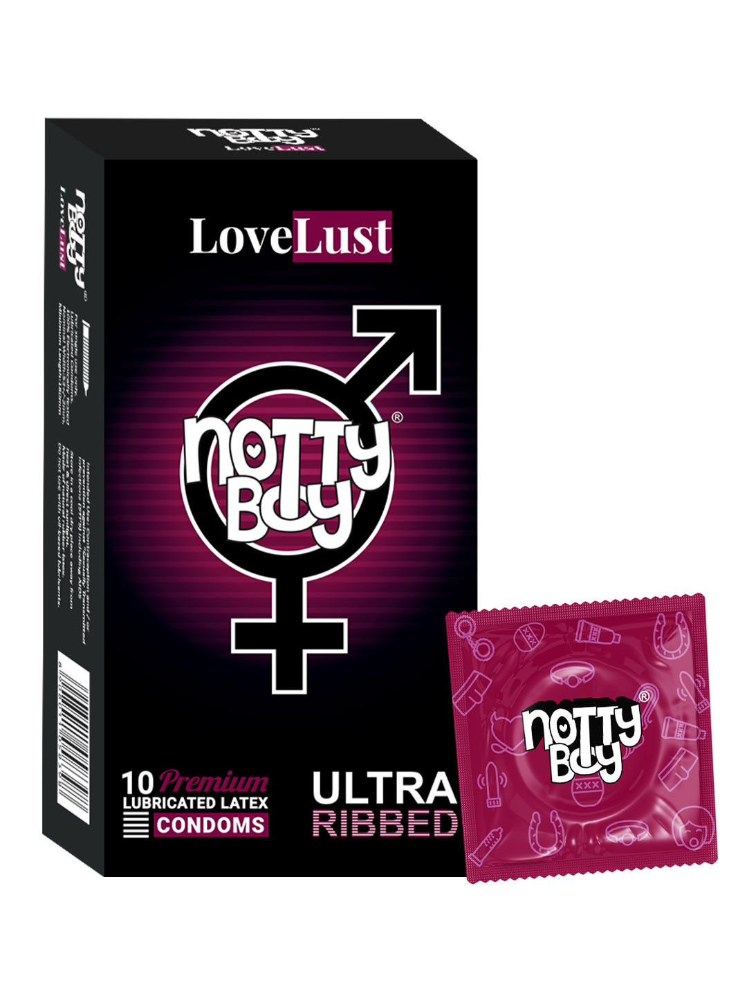 noTTy Boy Men LoveLust Ultra Ribbed Lubricated Latex Condoms - 10 Pcs