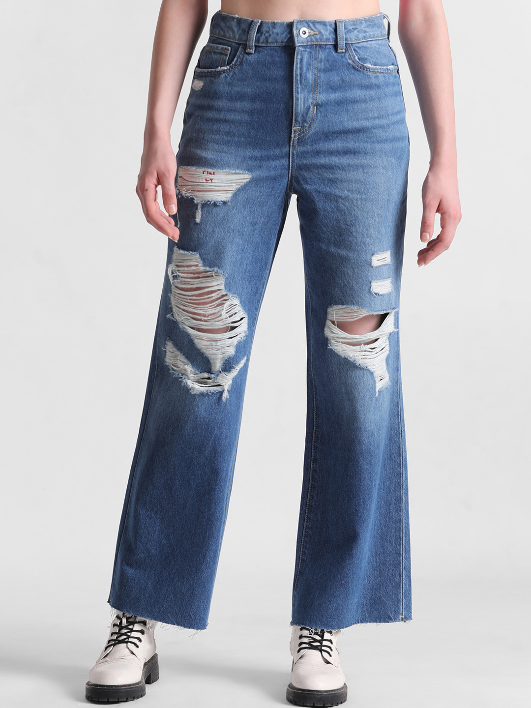 ONLY Women Wide Leg High-Rise High Distressed Ripped Light Fade Frayed Denim Cotton Jeans
