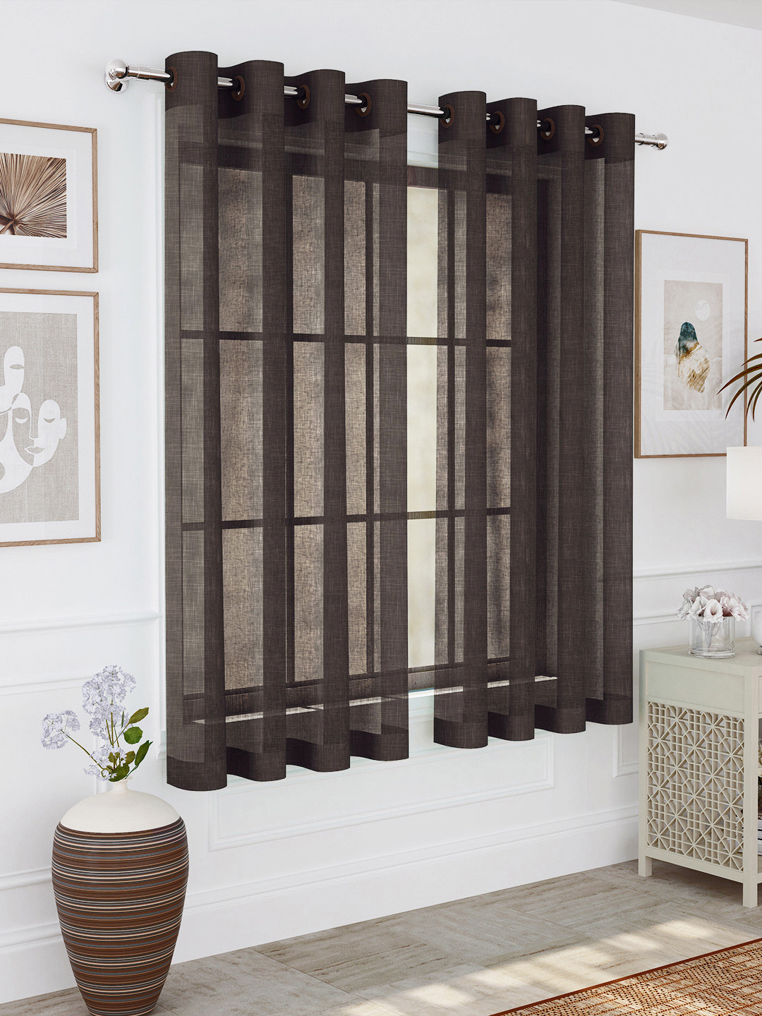 Story@home Brown 2-Pieces Sheer Window Curtains