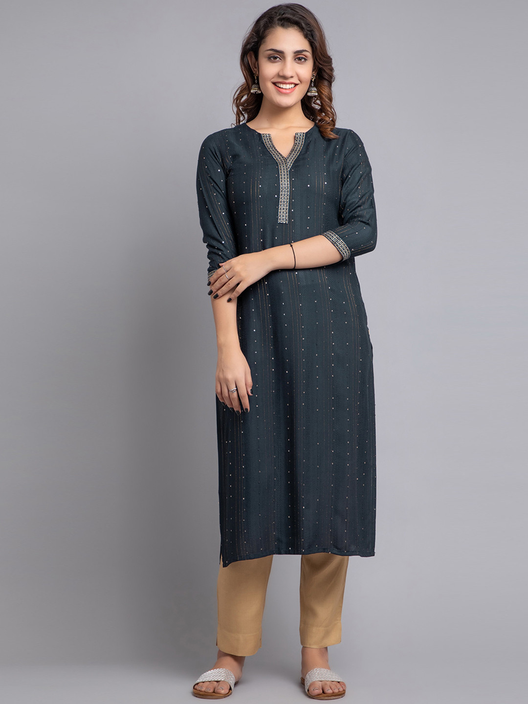 SUTI Woven Design Sequinned Regular Black Kurta
